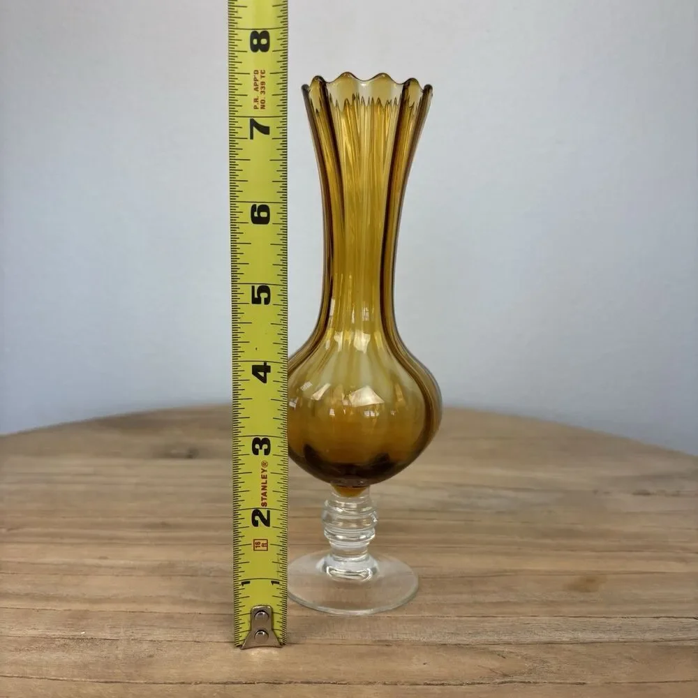 Vintage Art Glass Bud Vase Yellow Amber Clear Stem Hand Blown Scalloped Edge - Picture 8 of 9